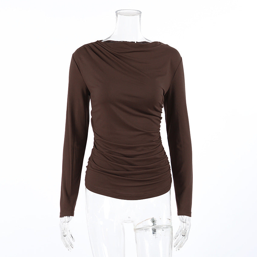 Autumn Arrival Pleating Niche Slim Waist Tight Sexy Long Sleeve Bottoming Shirt for Women