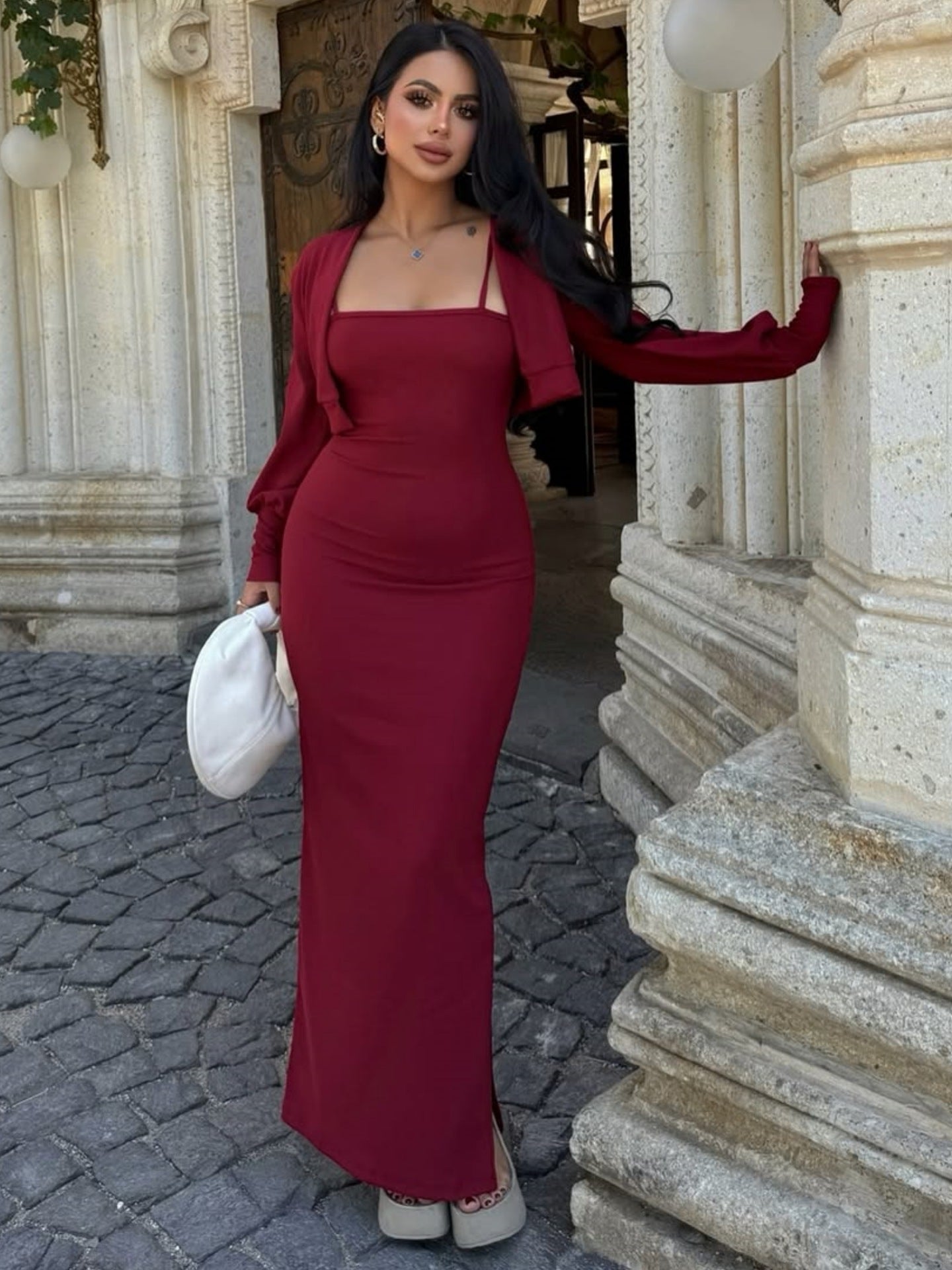 Women Autumn Long Sleeve Top Sexy Pure Want Sheath Dress Two Piece Sets