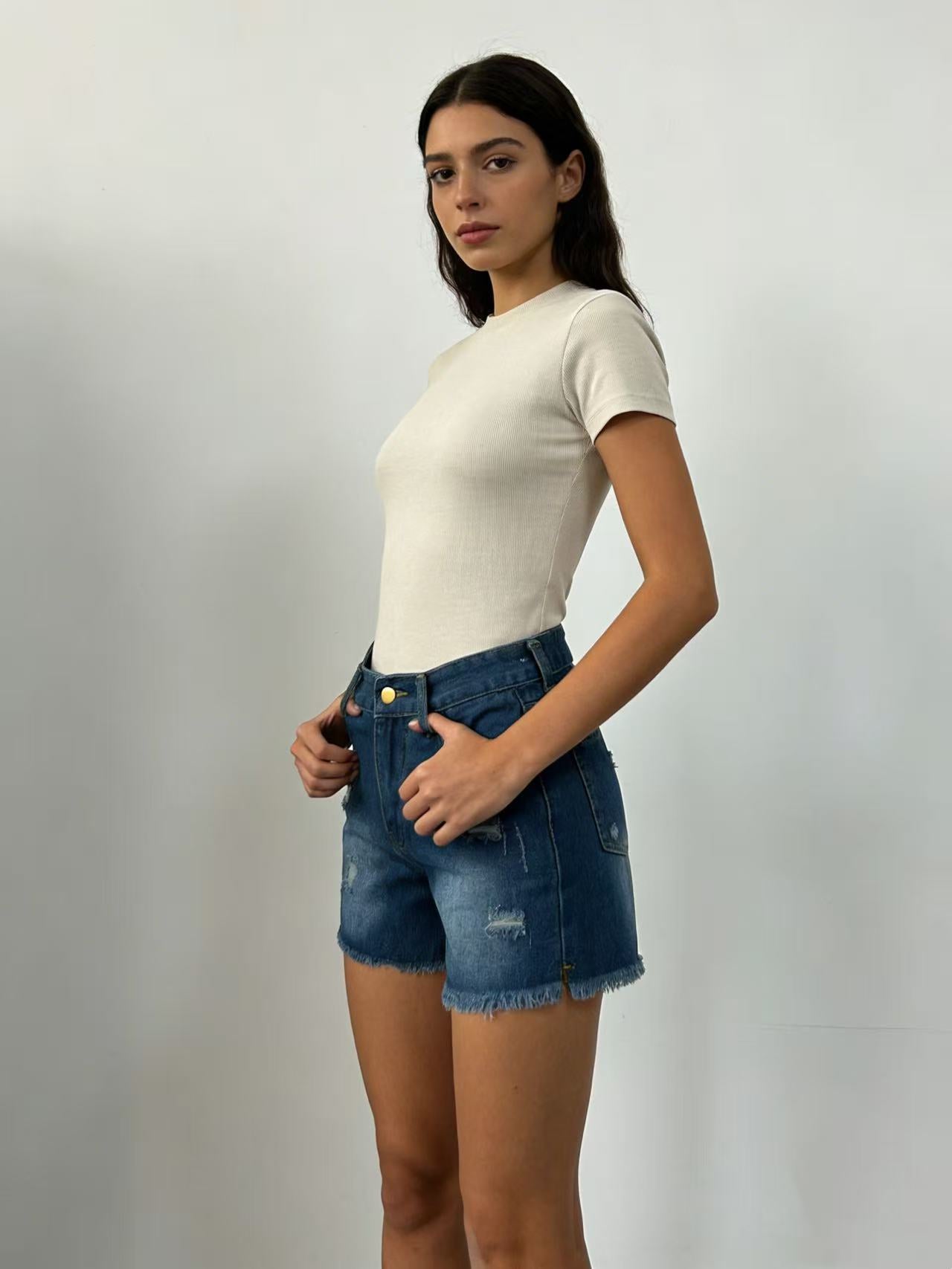 Women High Waist Slim Ripped Shorts