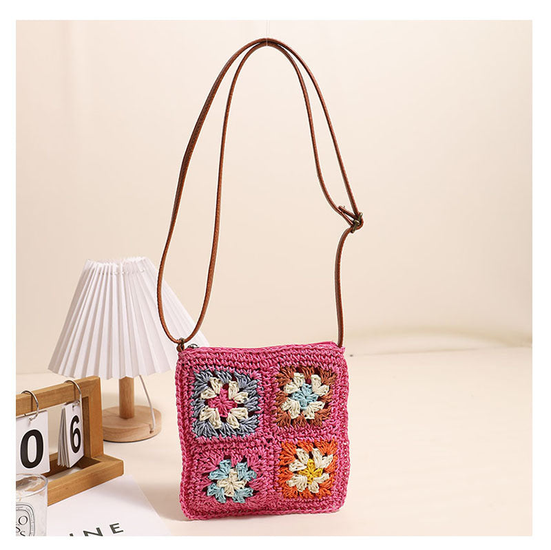 Hollow Out Cutout Floral Crossbody Straw Bag Retro Square Straw Bag Woven Bag Vacation Beach Bag All Match Shoulder Bag