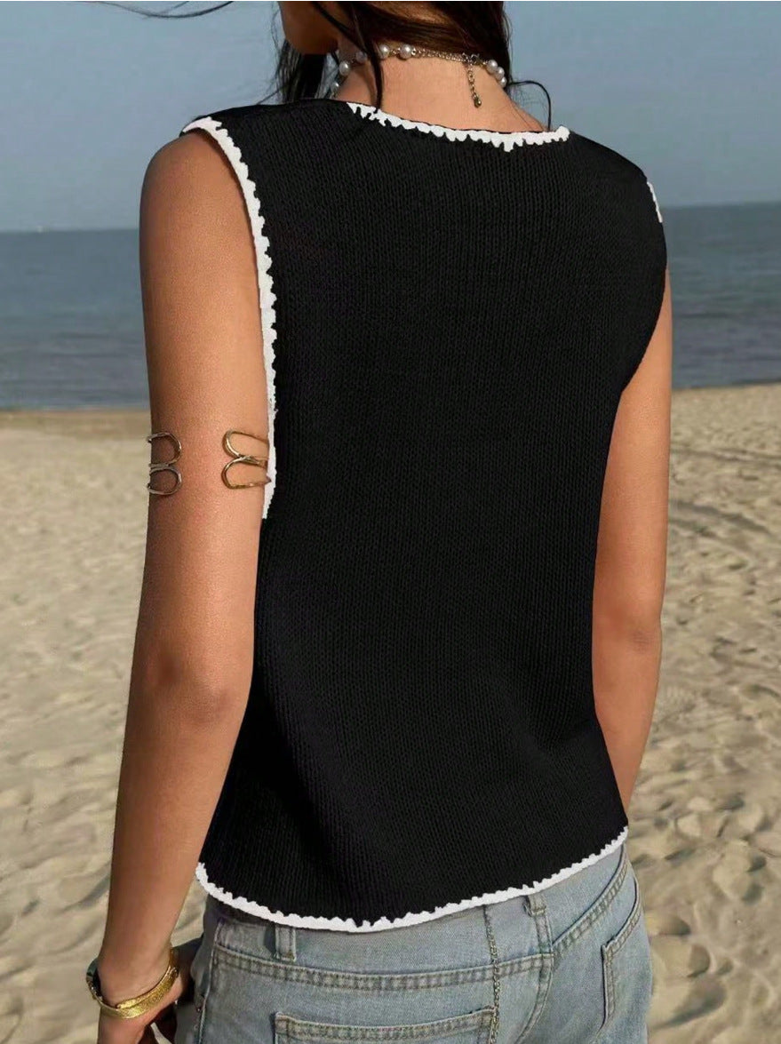 Summer Women Clothing Contrast Color Hook Vest Sleeveless Y2g Sexy Sweater
