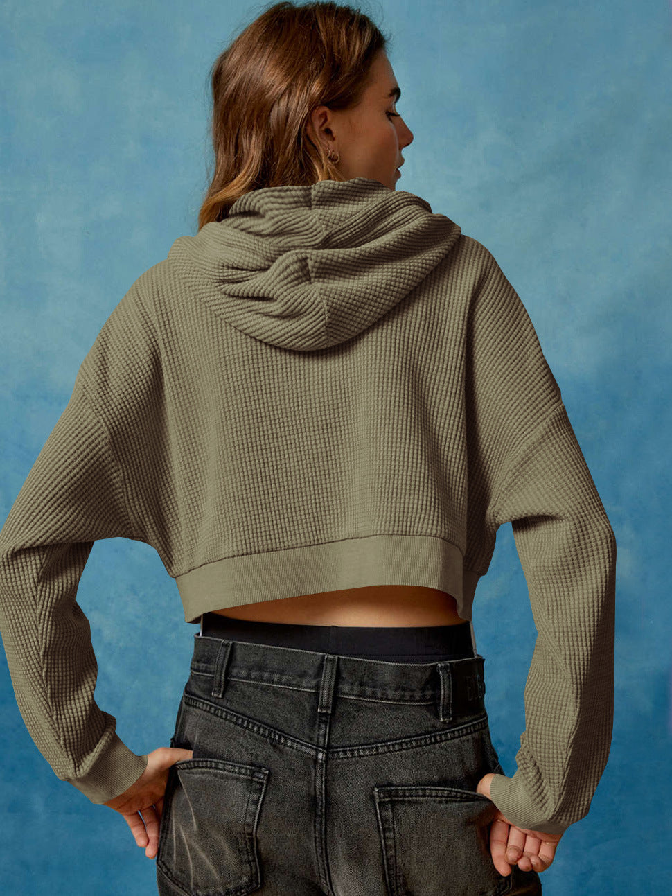Autumn Casual Sweatshirt Women Slimming Hooded Zip Cardigan Waffle Solid Color Short Coat