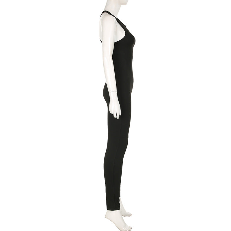 Sports Women Solid Color Yoga Pants Zipper Stitching Hollow Out Cutout Backless Tight Sleeveless One Piece Trousers