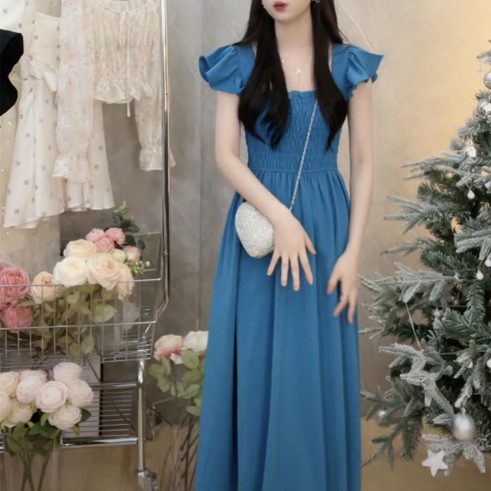 Summer French Flying Sleeve Pleated Waist Tight Dress Hepburn Square Collar Tea Break Midi Dress