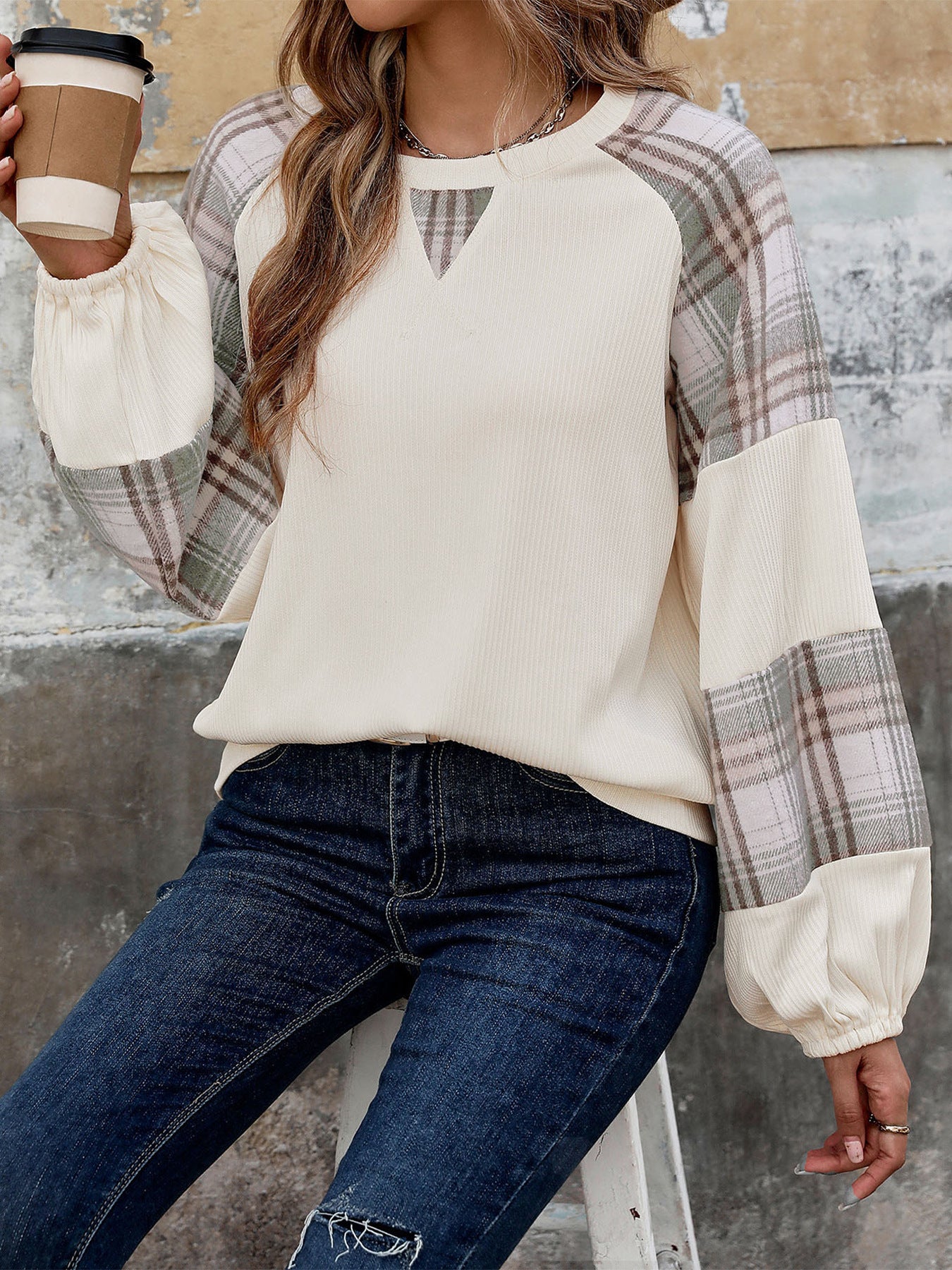 Casual Top Loose Plaid Colorblock round Neck Sweatshirt