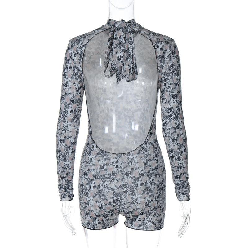 Women Wear Winter Pattern Print Sexy Backless Slim Fit Lace up Jumpsuit