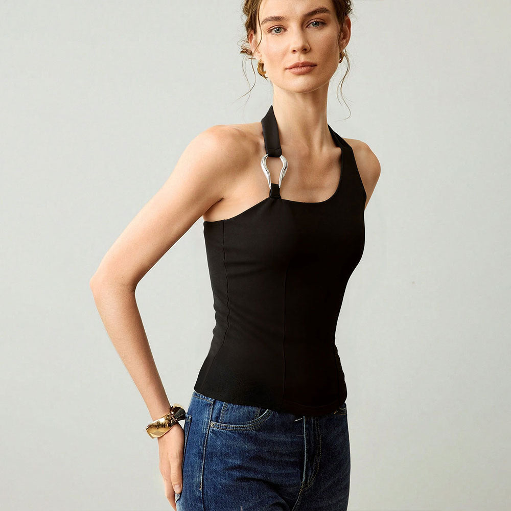 Yoga Exercise Vest Women Quick Dry Training Dance Metal Buckle Decoration Halter Slim Fit Top