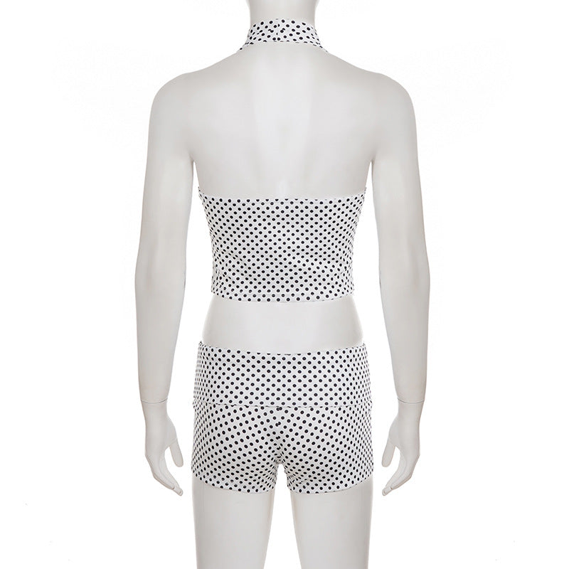 Printed Polka Dot Three Dimensional Floral Two Piece Sets Sexy Sexy Halter Vest Waist Shorts