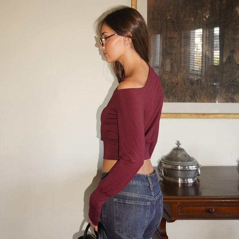 Women Clothing Summer Elegant Shoulder Long Sleeve Waist Tight Solid Color Top