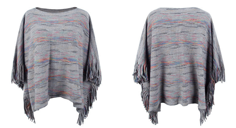 Tassel Cape Shawl Women Autumn Winter Outerwear Striped Knitted Cape