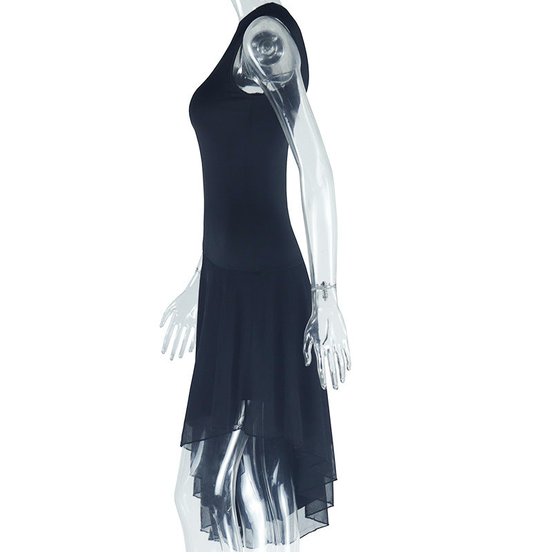 Women Clothing Solid Color Dress Diagonal Collar off Shoulder Sleeveless Irregular Asymmetric Dress