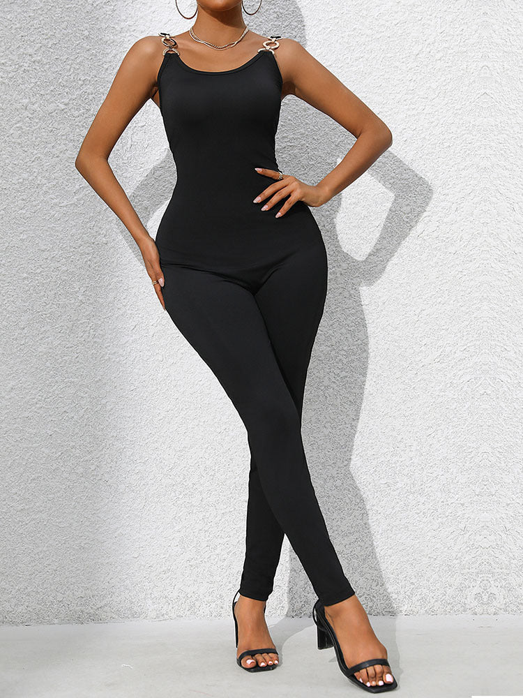 Summer Women Solid Color Sexy Suspenders Long Pants