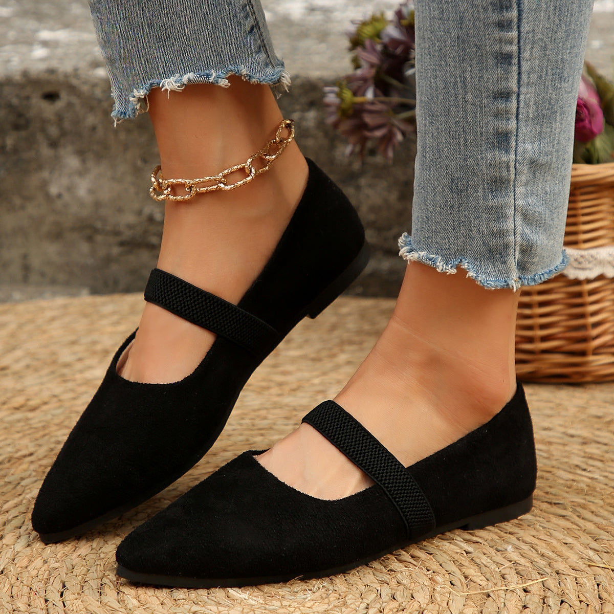Pointed Toe Rhinestone Low Cut Flat Pumps Women Suede Four Seasons Work Shoes Supply