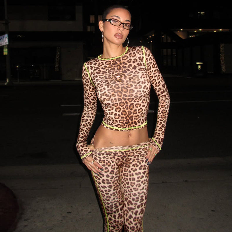 French Women Clothing Autumn Winter Leopard Print Cropped Long Sleeve Top Slim Shorts Set
