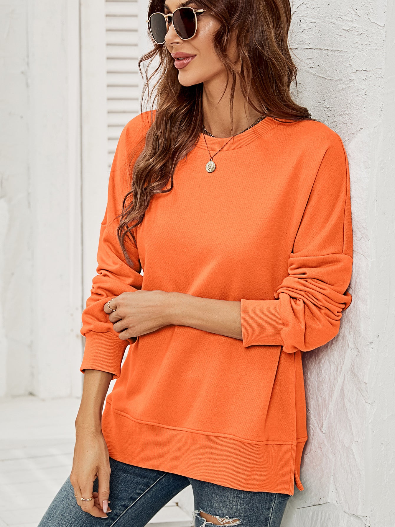 Women Clothing Autumn Winter Sweatshirt round Neck Long Sleeve Split Pullover for Women