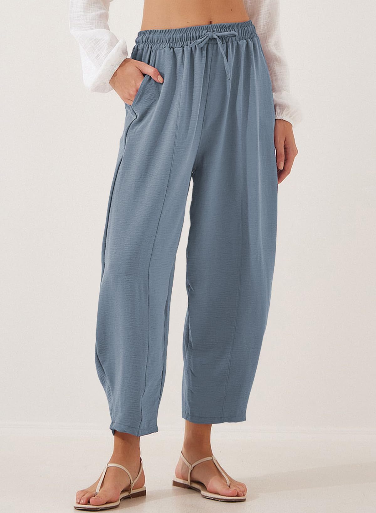 Women Clothing Spring Summer High Waist Loose Vacation Casual Drawstring Pocket Cropped Pants