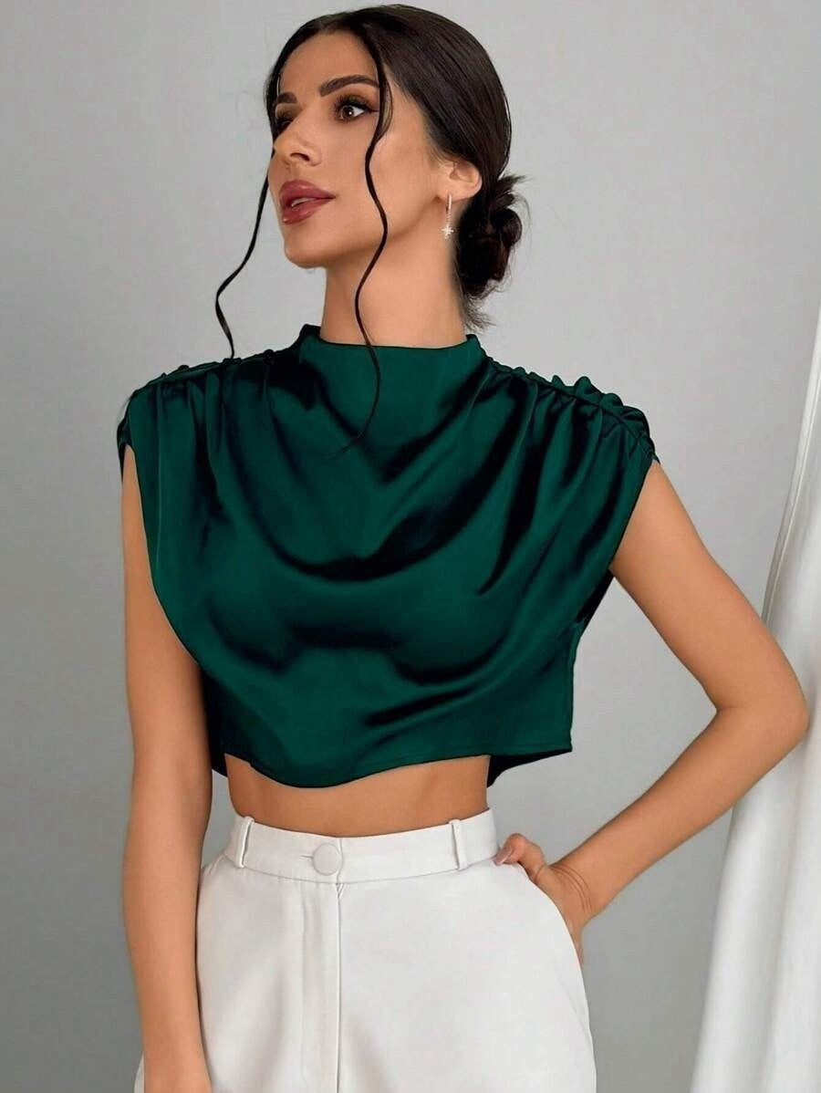 Women Clothing Pleated Batwing Sleeve Satin Shirt Stand Alone Satin Artificial Silk Short Top