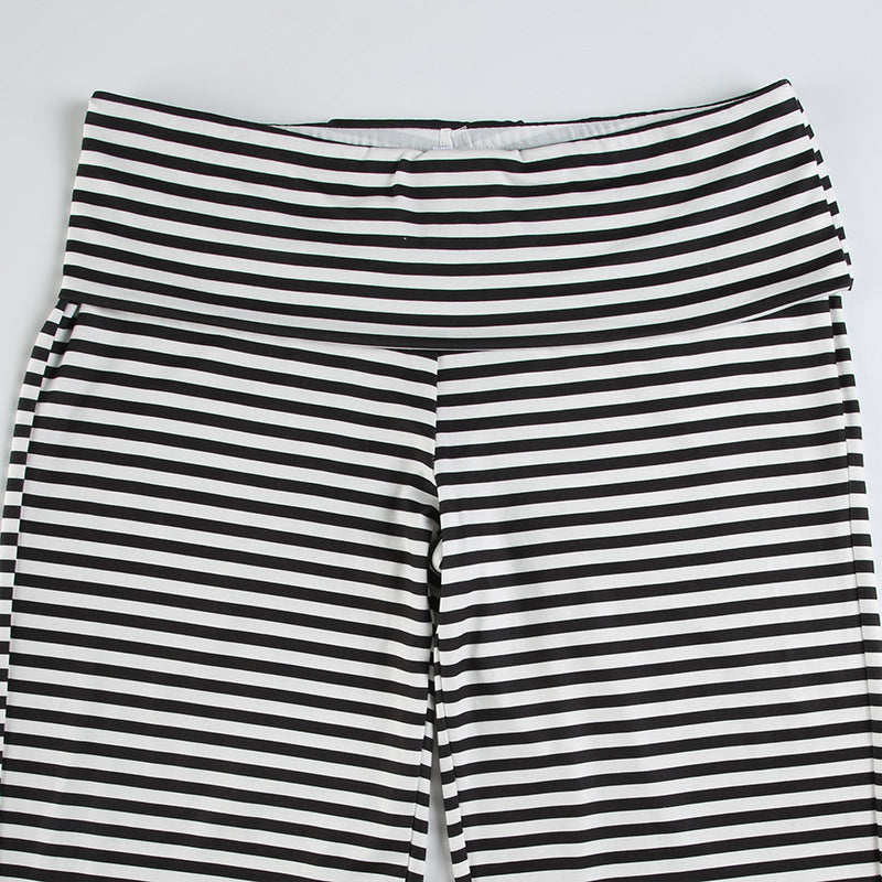 Casual Women Clothing Turn over Waist Striped Color Matching Straight Wide Leg Pants Home Comfortable Loose Trousers