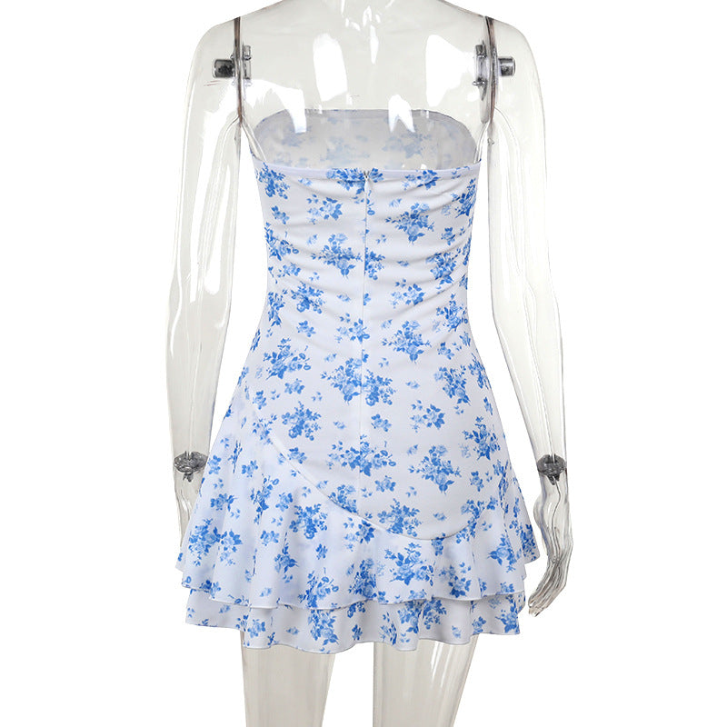 Autumn Hip Fashionable Elegant Slim-Fit Printed Tube Top A line Dress