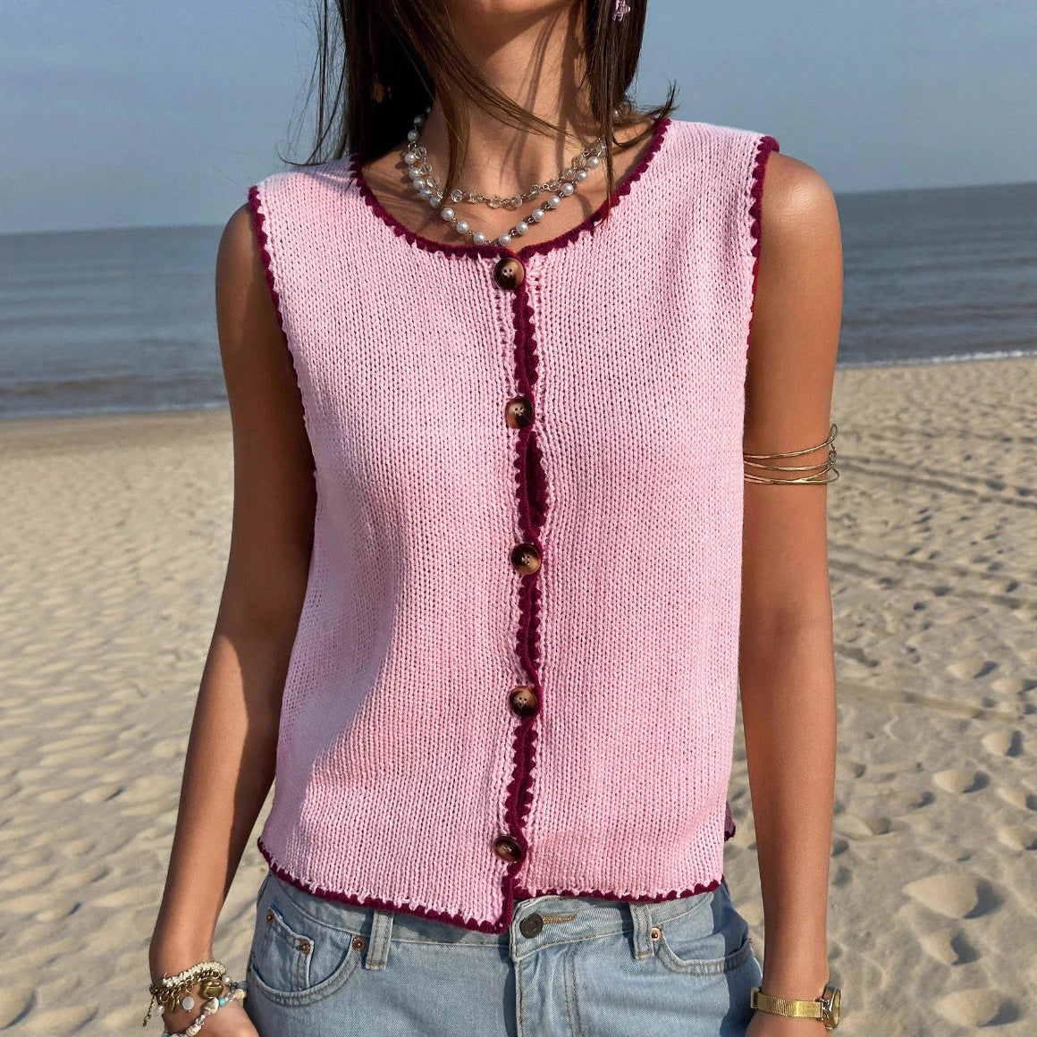 Summer Women Clothing Contrast Color Hook Vest Sleeveless Y2g Sexy Sweater