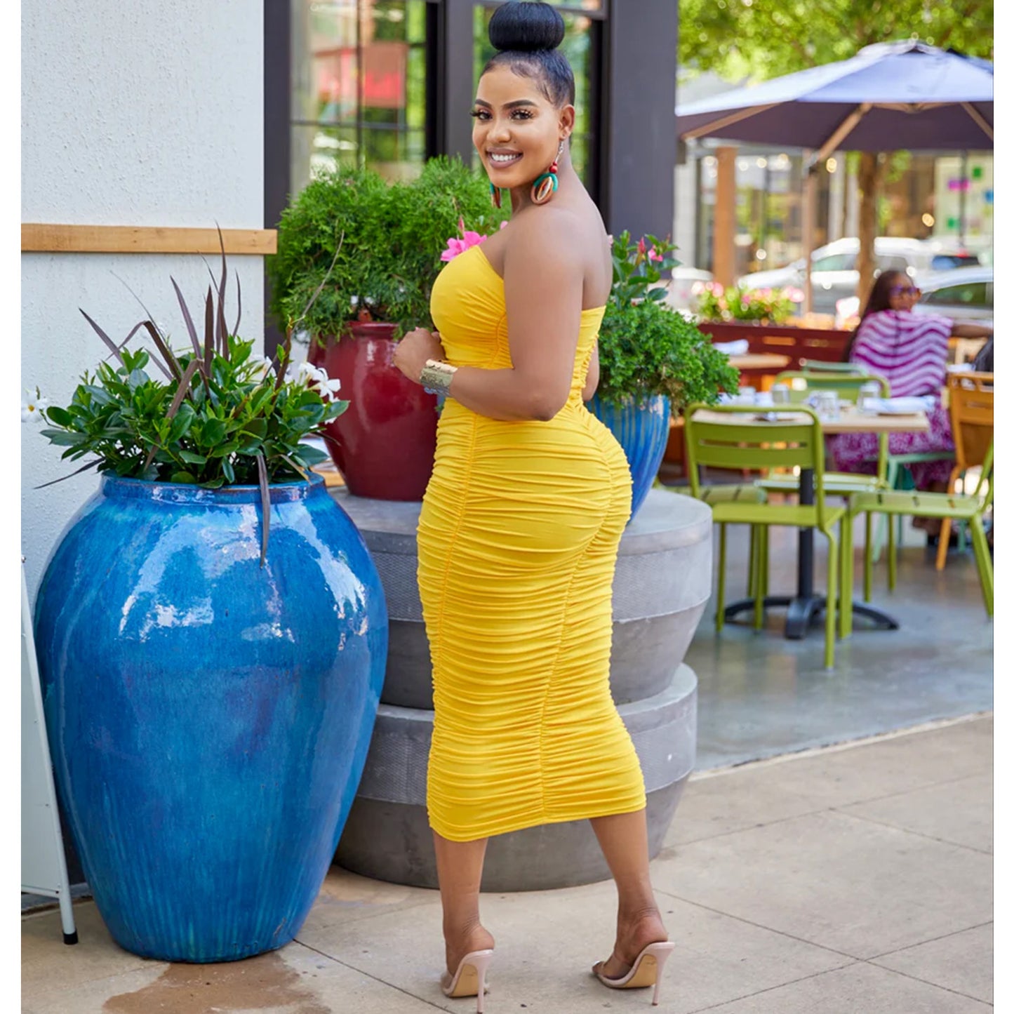 Women Clothing Sexy Bandeau Pleated Solid Color Dress Midi Dress