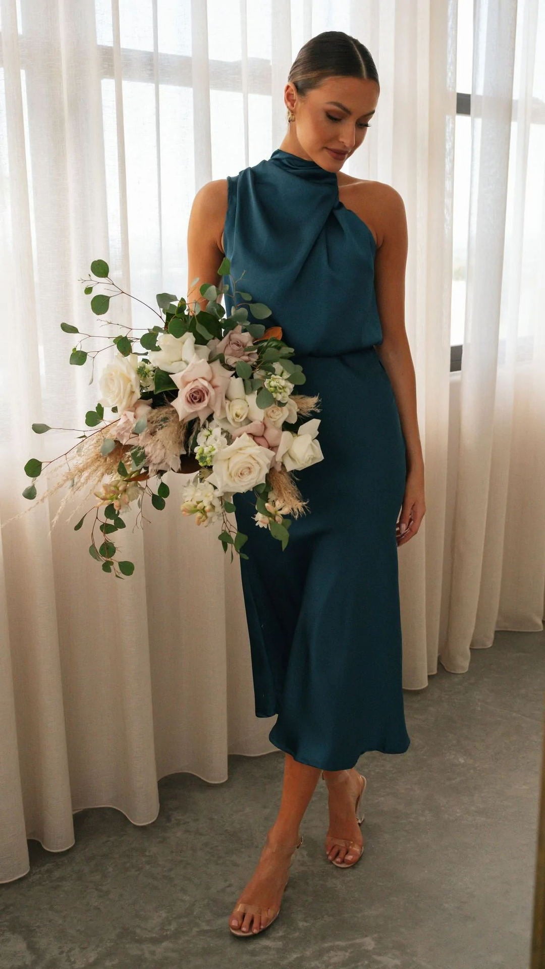 Summer Mature Elegant Women Clothing Sleeveless Halter Solid Color Satin Dress