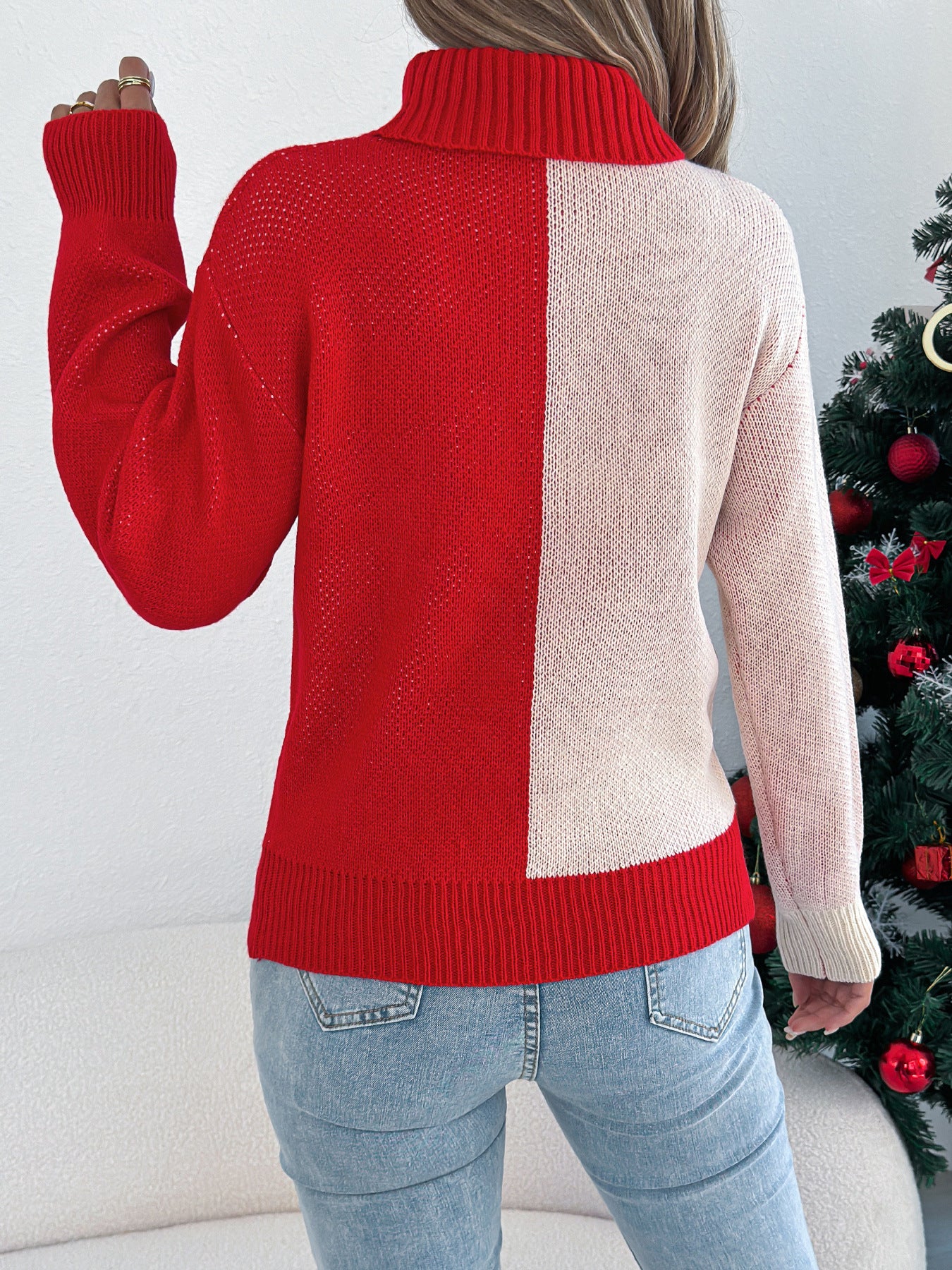 Fall Winter Contrast Color Deer Lantern Long Sleeve Turtleneck Pullover Women Christmas