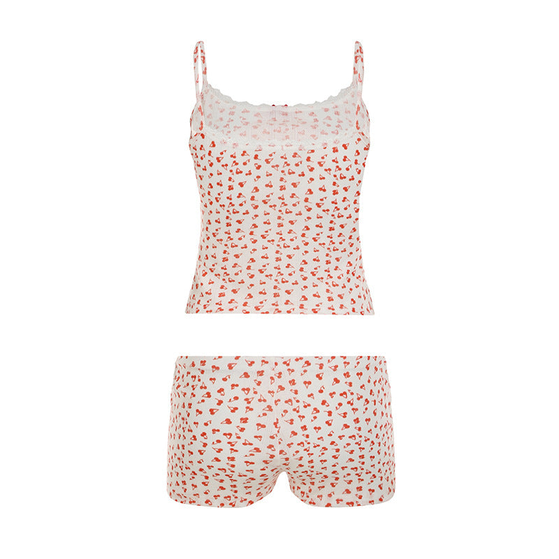 Cute Little Cherry Print Stitching Lace Girl Pajamas Pajamas Shorts Two Piece Set