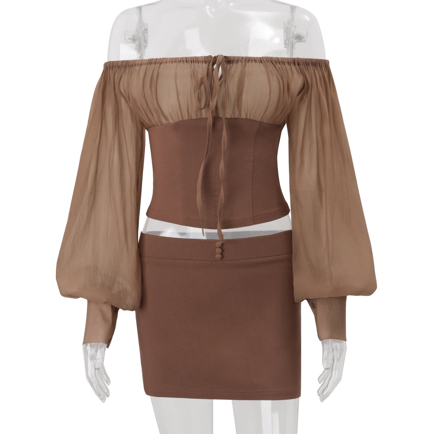 Autumn Sexy off Shoulder Retro Mesh Long Sleeve Top Sheath Skirt Outfit Women