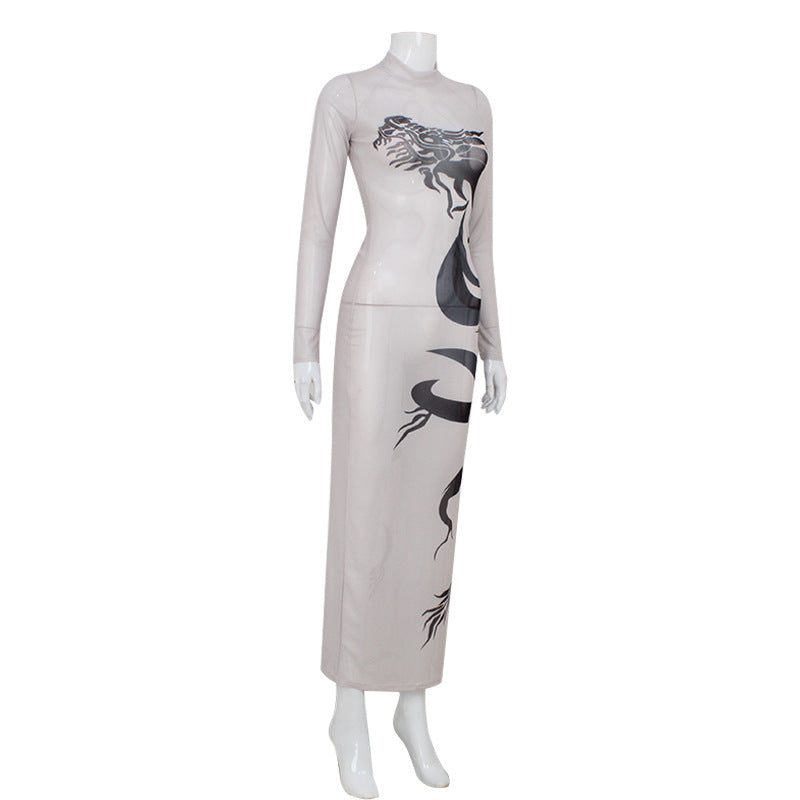 Summer Women Elegant Street Round Neck Long Sleeve Dragon Print Cool Handsome Slim Fit Elegant Hip Dress