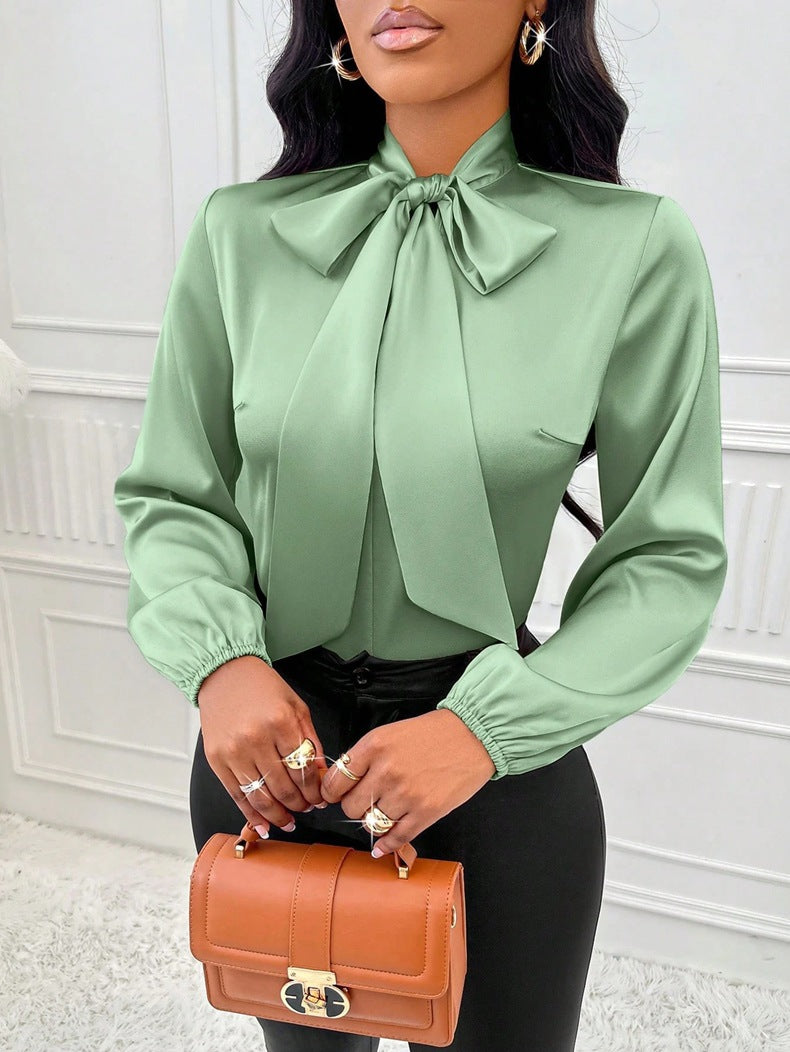 Women Clothing Autumn Satin Shirt Bow Long Sleeve Top