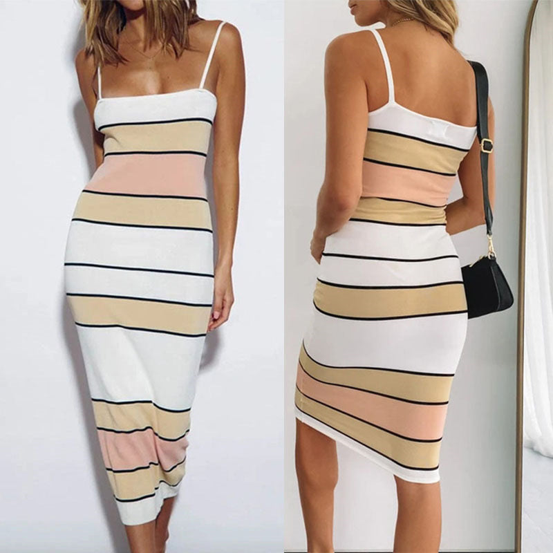 Summer Dress Sexy Strap Contrast Color Striped Sleeveless Tight Dress