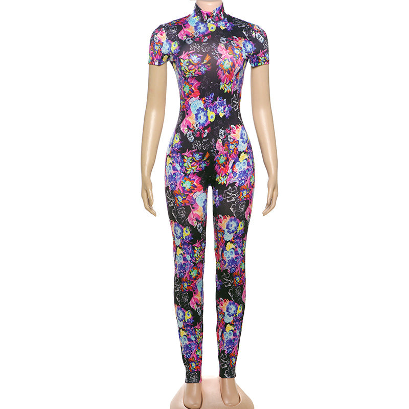 Spring Sexy Backless Skinny Personalized Printed Short Sleeved Jumpsuit Women Clothing