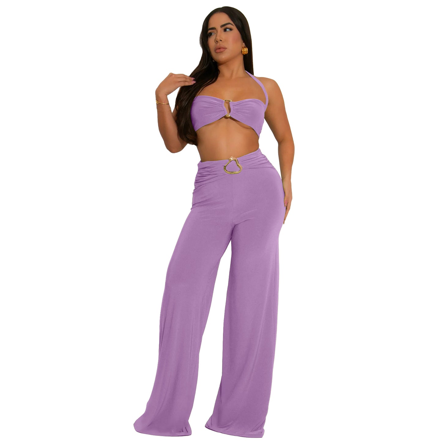 Women Clothing Summer Decorative Buckle Solid Color Sexy Halter Two Piece Set