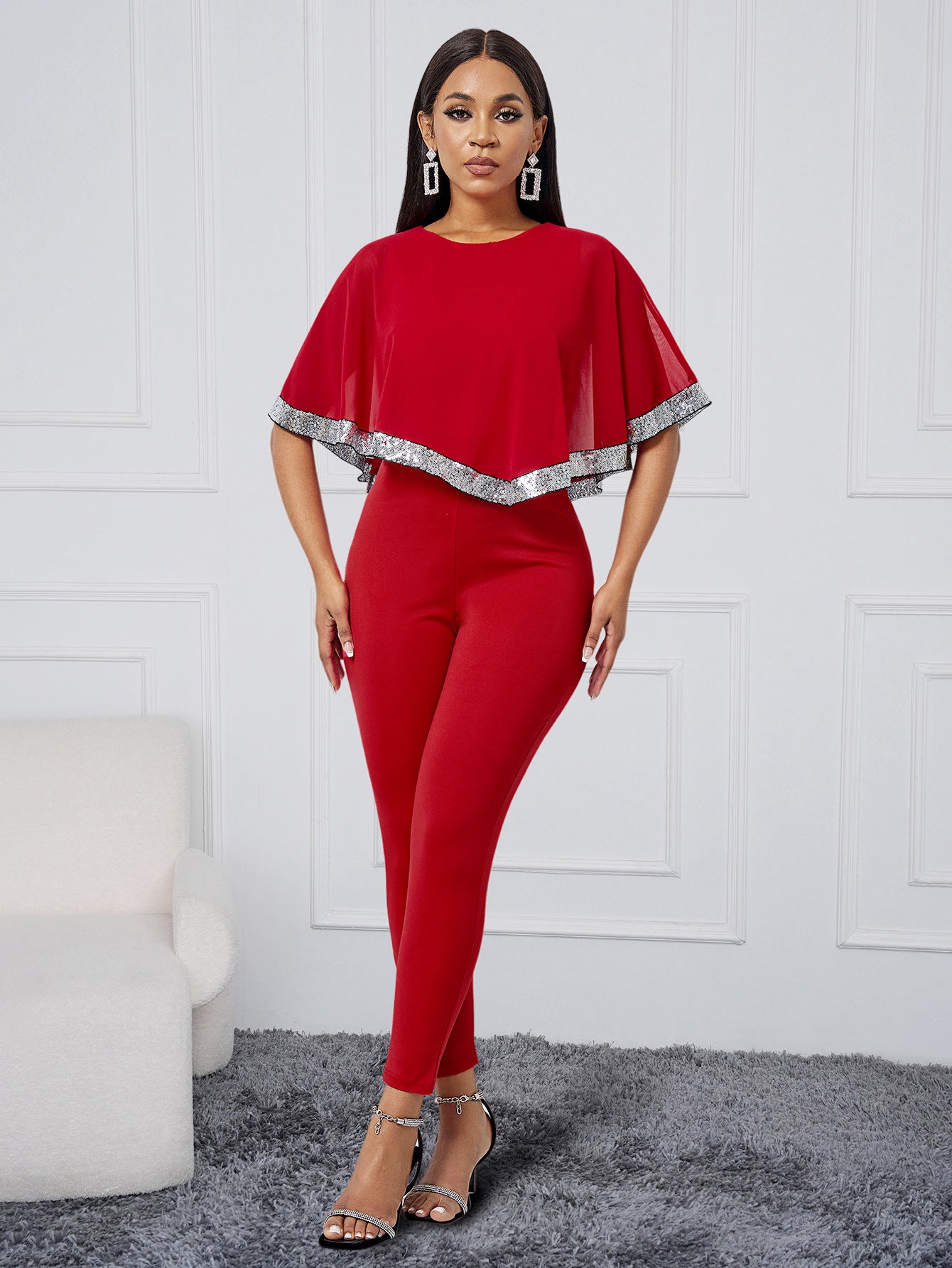 Women Clothing Arrival Fashionable Sequ Stitching Tight Jumpsuit Women Red Dress Women Slim Fit