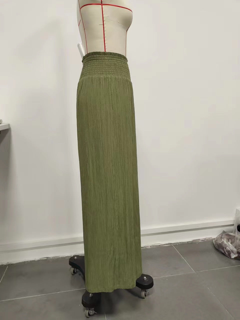 Summer High Waist Casual Three Dimensional Line Pleated Design Elastic Waist Loose Wide Leg Pants