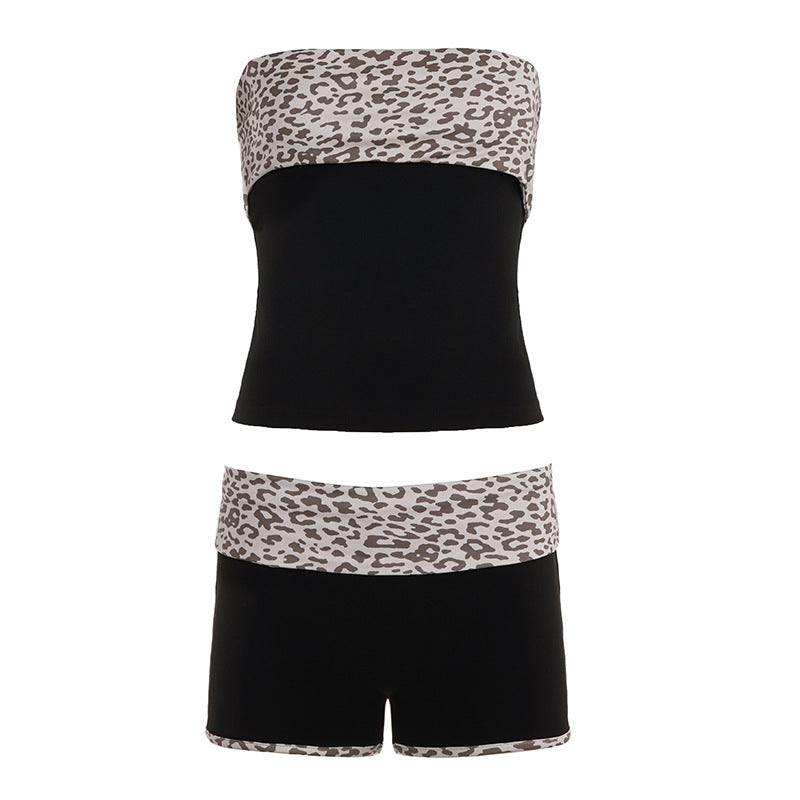 Sexy Women Wear Leopard Splicing Casual Tube Top Shorts Set Slimming Top Hip Boxer Shorts Two Piece Set