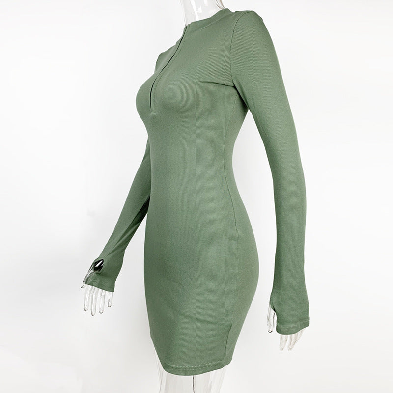 Fall Women Clothing Sexy Slim Fit Thread Long-Sleeve Zipper Dress