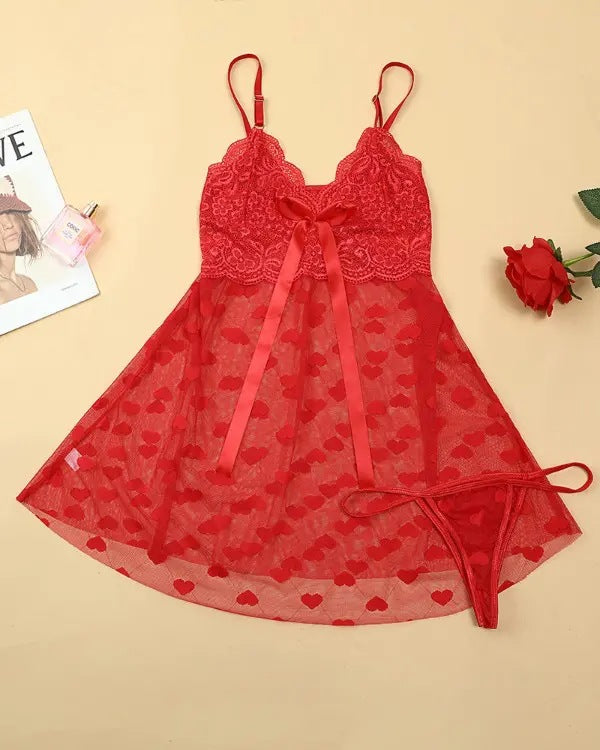 Sexy Lace Seduction Transparent Heart Printing Mesh Camisole Sexy Lingerie