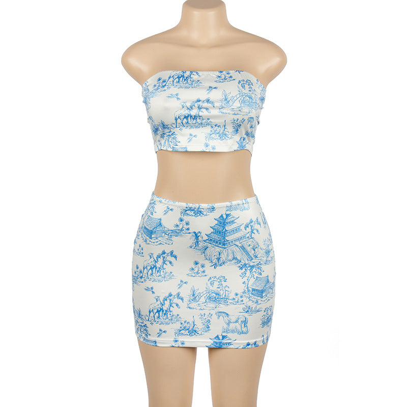 Sexy Summer Sleeveless Printed Tube Top Slim Fit Hip Wrapped Short Skirt Women Suit