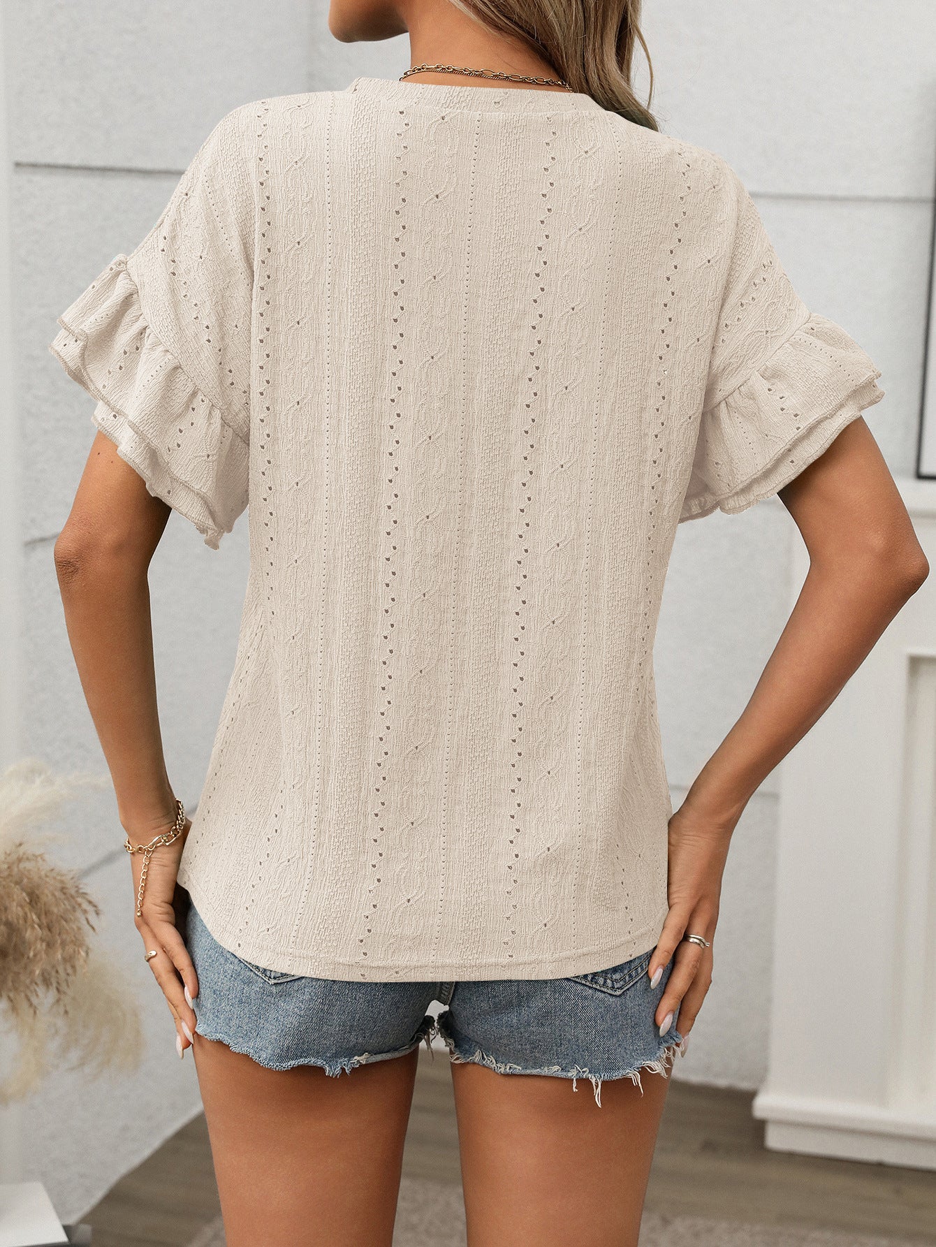 Women Clothing Summer Solid Color round Neck Ruffle Sleeve Short Sleeve T shirt Top