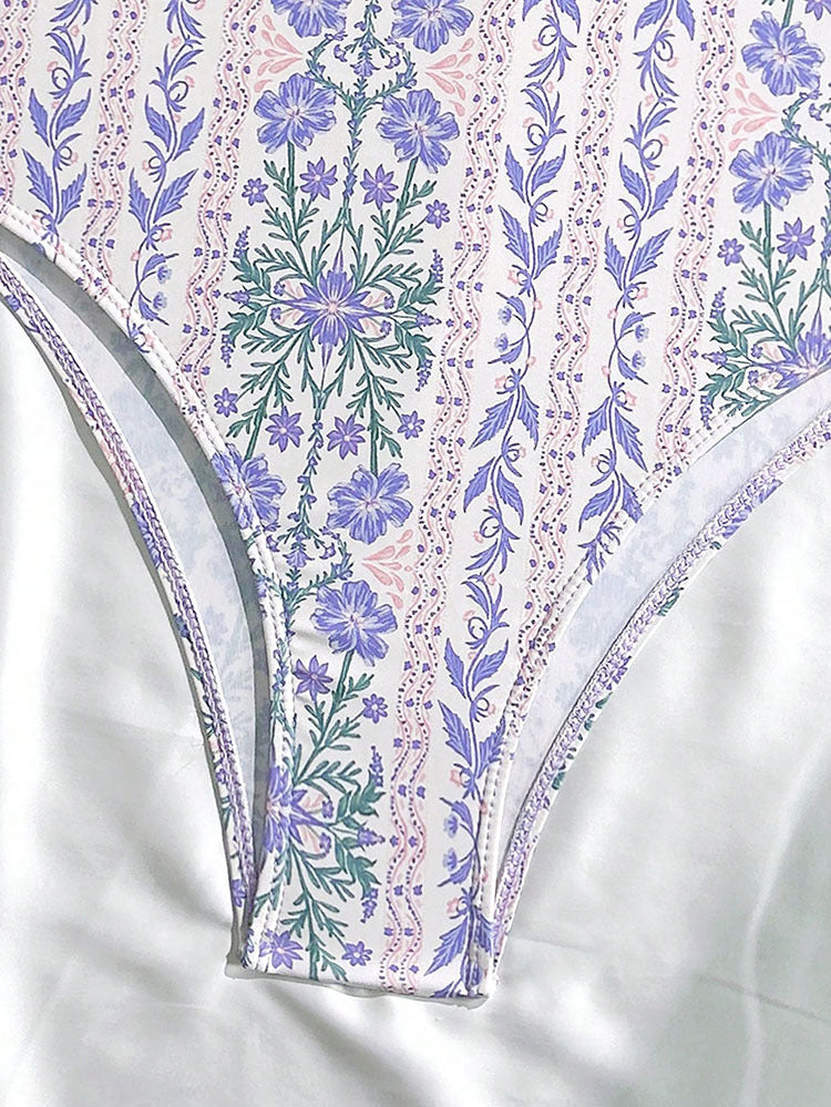 Ruffled Printed One Piece Swimsuit Women Lace up Conservative Bikini Beach Swimsuit