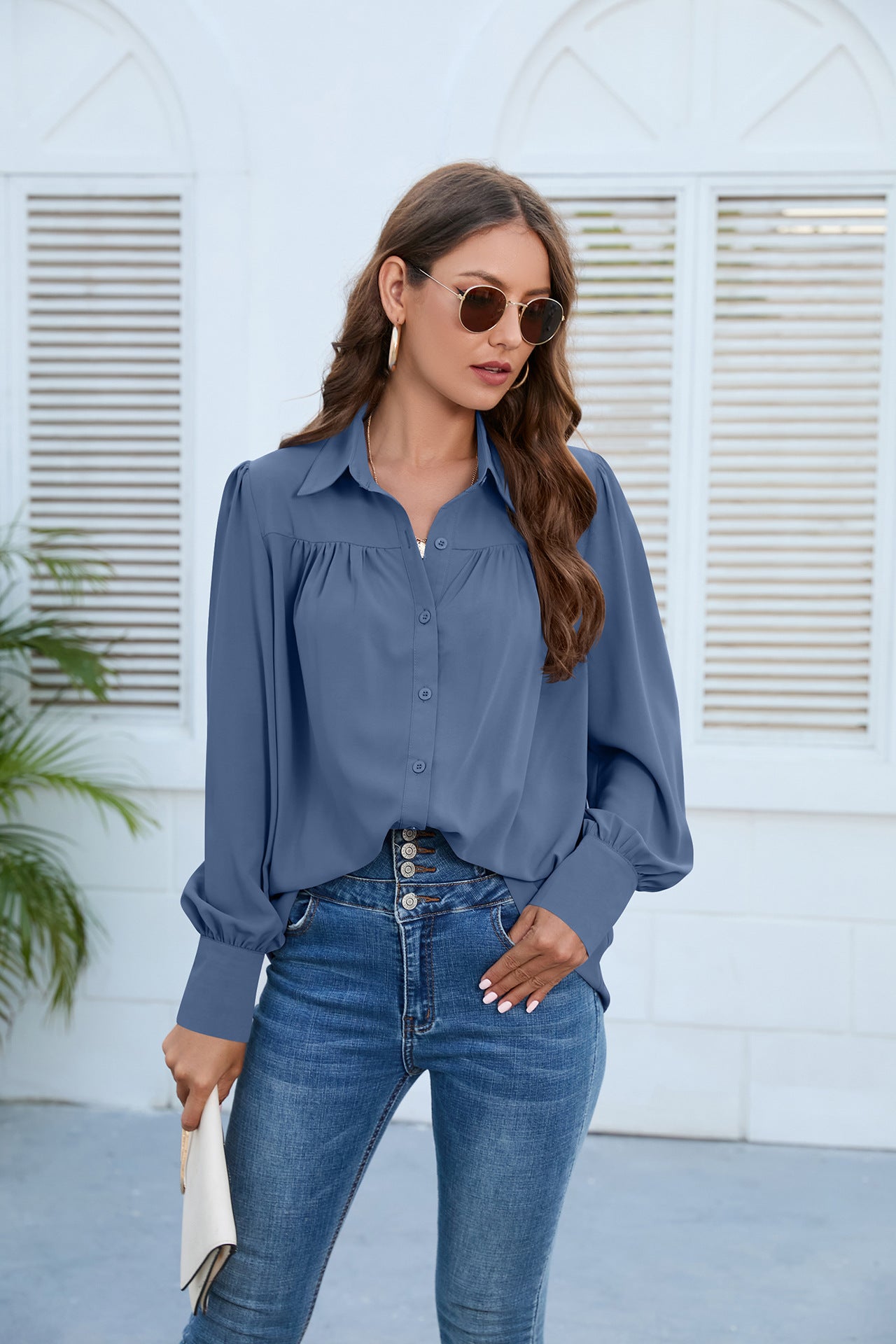 Women Clothing Spring Autumn Chiffon Shirt Women Shirt Pleated Long Sleeved Top Women