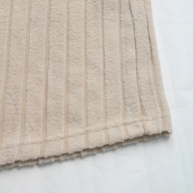 Autumn Winter Brushed Sunken Stripe Knitted Dress Long Sleeve Dress Pleating Stitching Dress