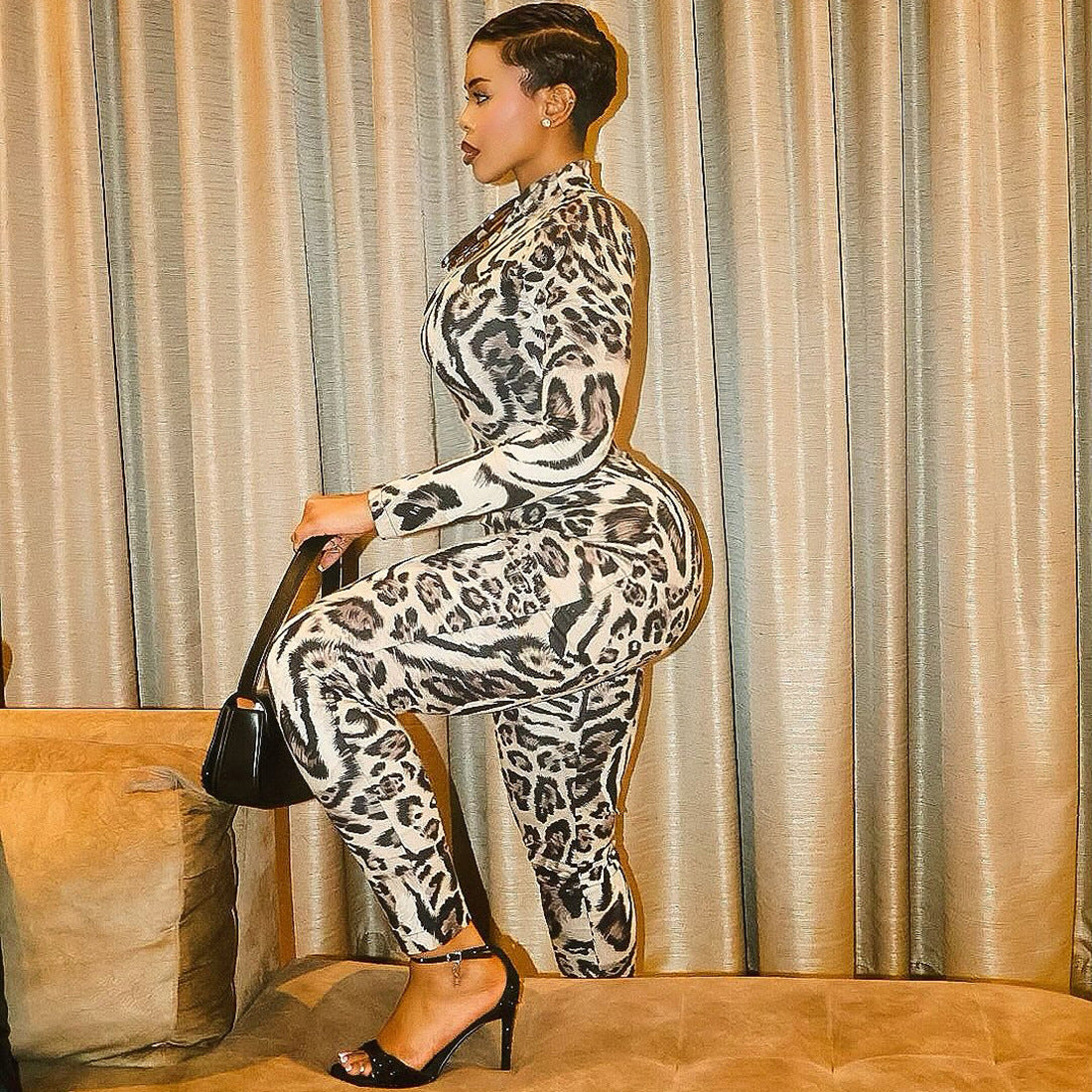 Fall Women Clothing Leopard Print Half Turtleneck Sexy Tight Sexy One Piece Pants