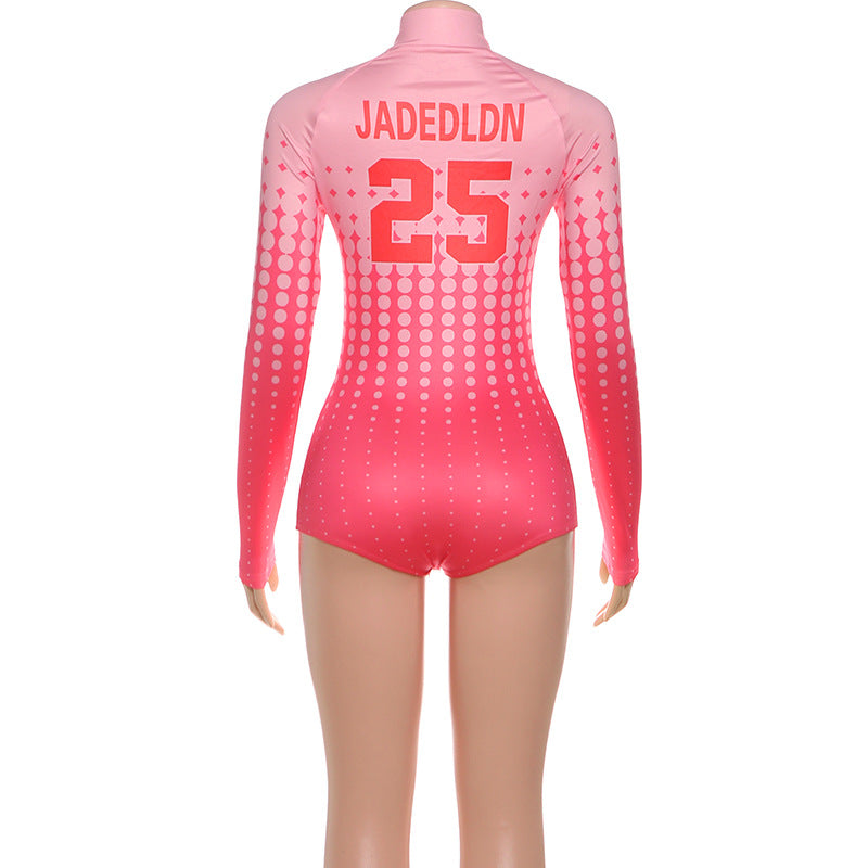 Autumn Winter Women Clothing Long Sleeve Stand Collar Zipper Printed Sexy Slim Fit Sexy Jumpsuit