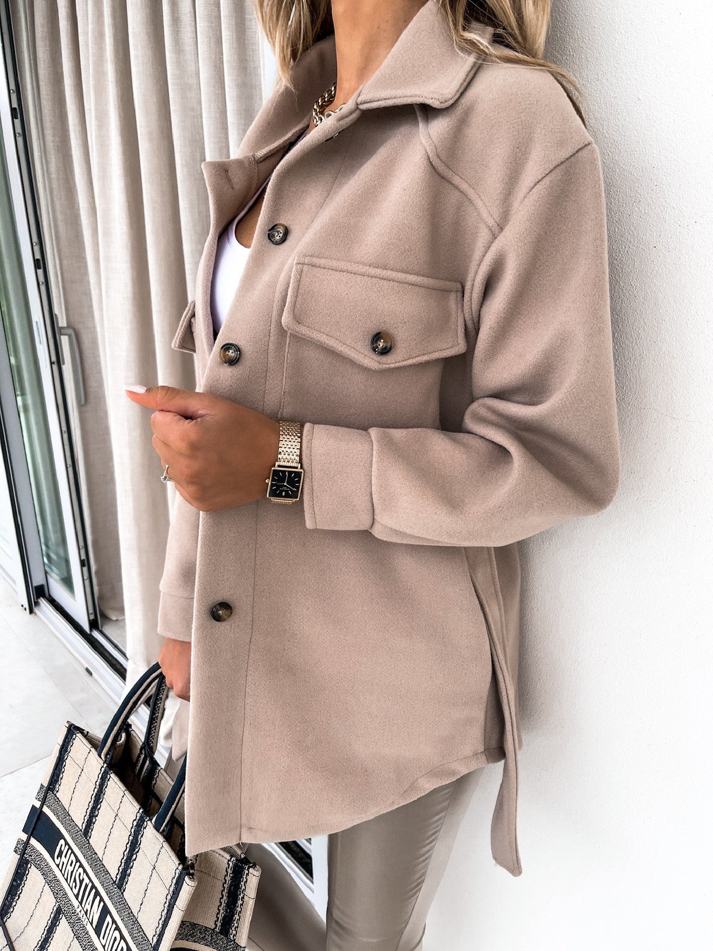 Fall Winter Lapels Single Breasted Thickened Solid Color Shirt Woolen Baggy Coat Female