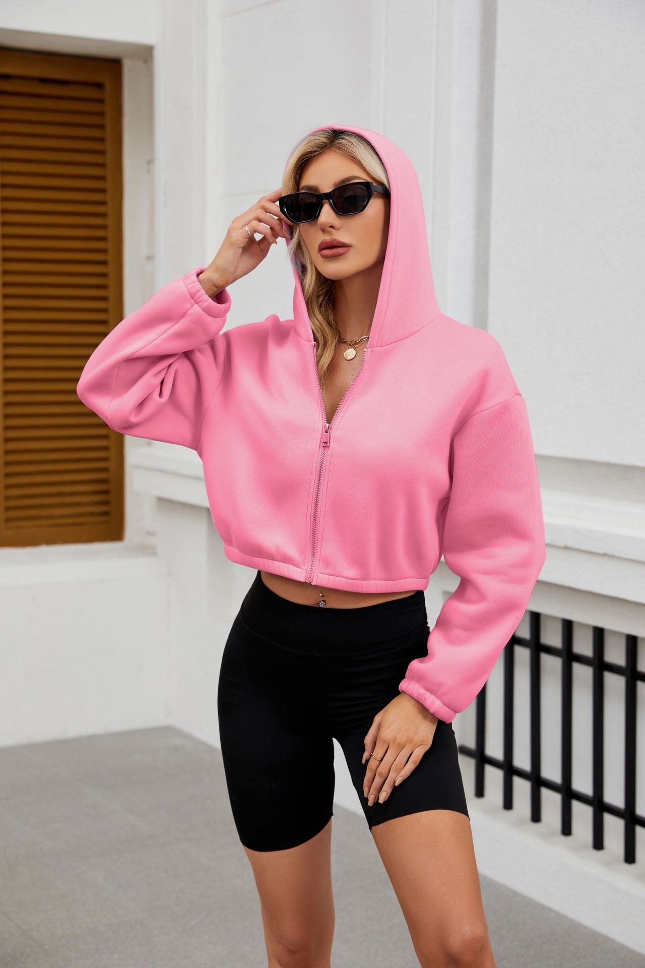 Autumn Winter Zipper Hooded Drawstring Solid Color Short Long Sleeve Sweatshirt Women