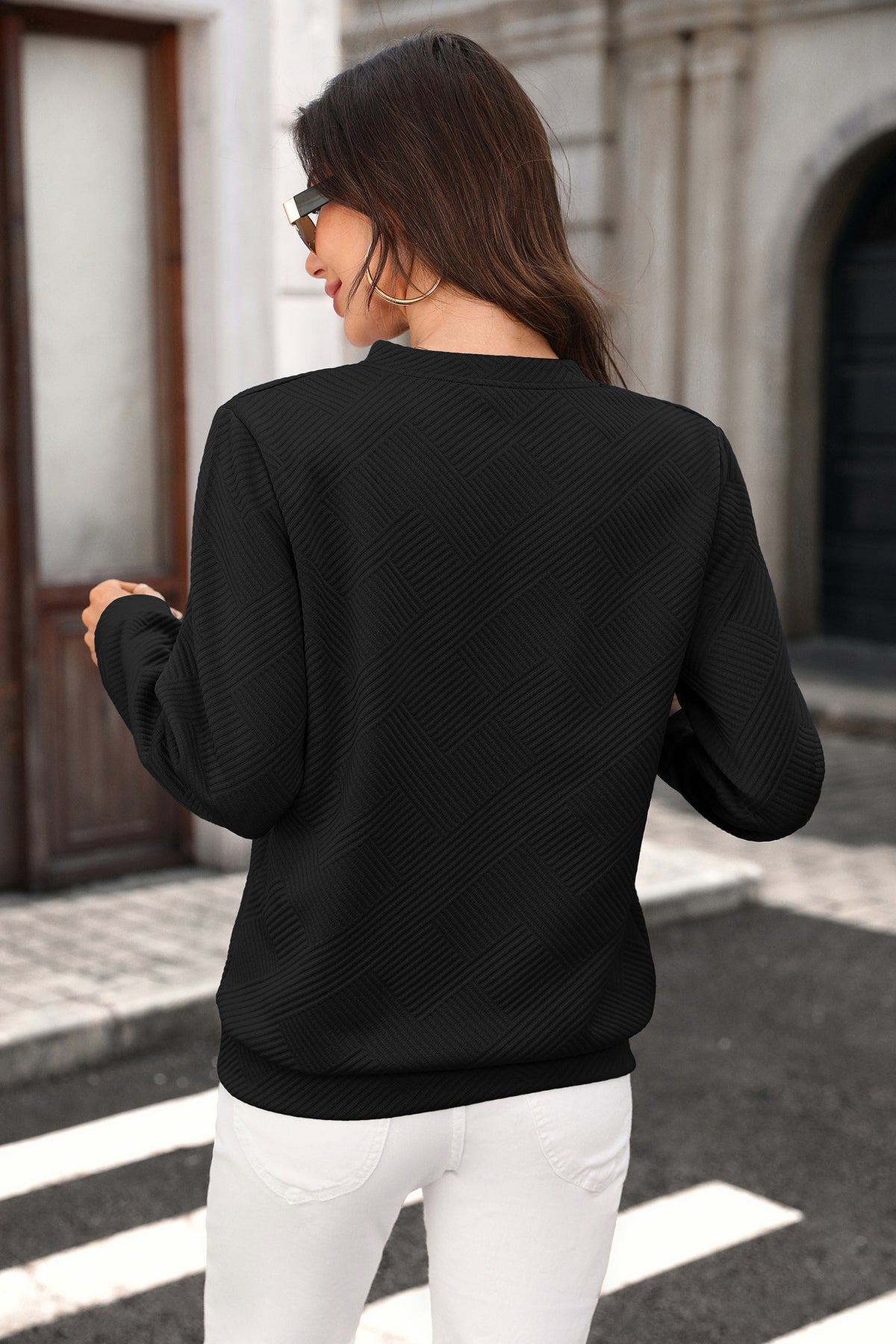 Autumn Winter Solid Color Zipped round Neck Loose Long Sleeve Sweatershirt Ladies