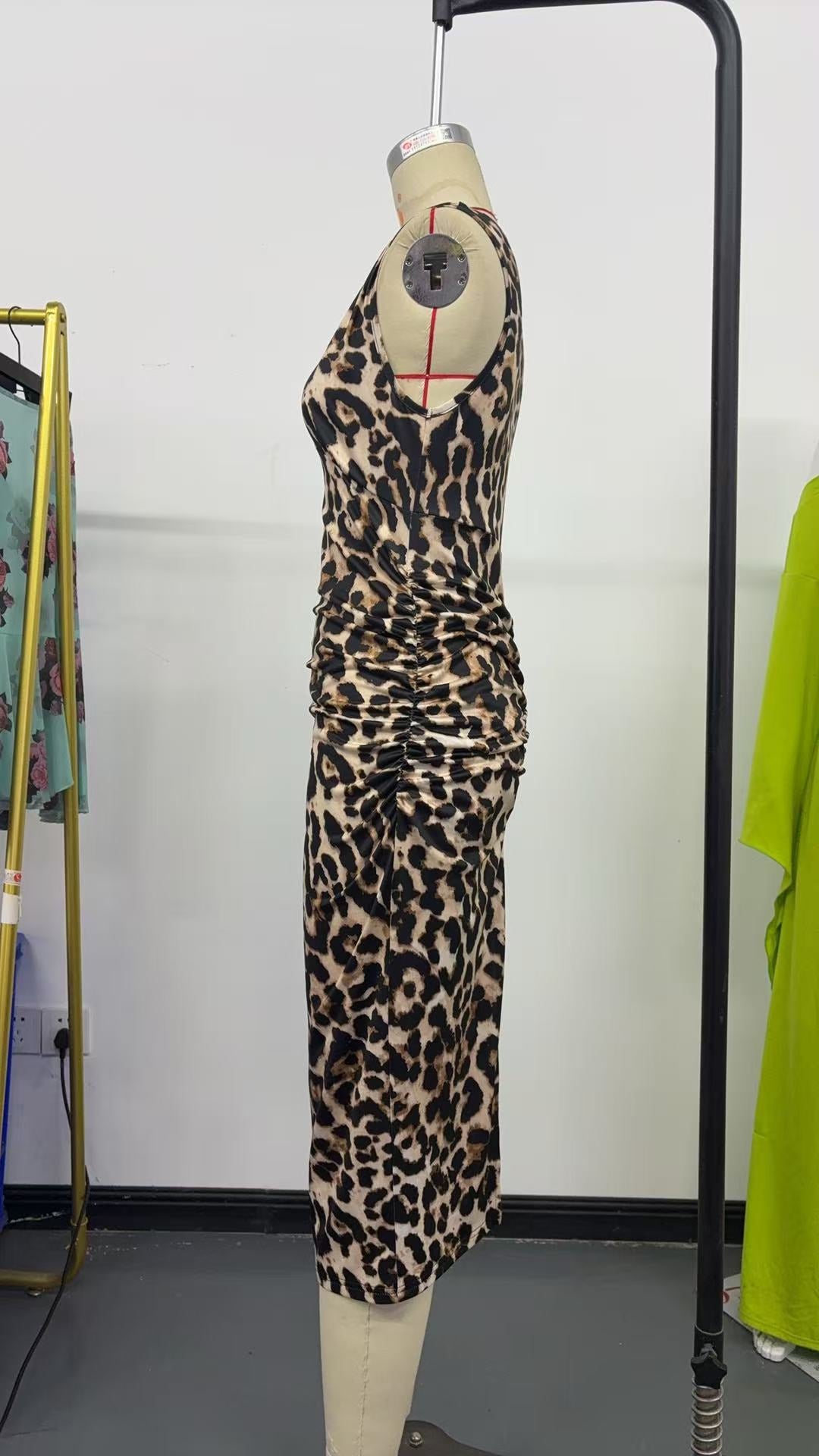 Slim Fit Leopard Print Sleeveless High Waist Sheath Elegant Deep V Plunge neck Dress